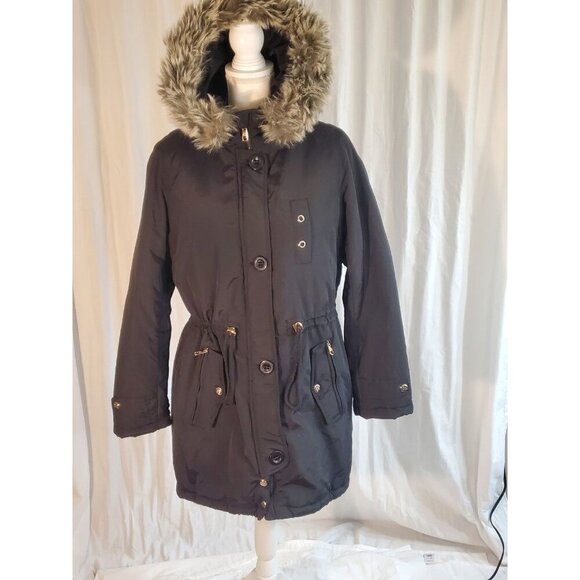 Steve Madden Parka Black Faux Fur Trim And Lining Removable Hood Sz M Penny Lane - Picture 1 of 16